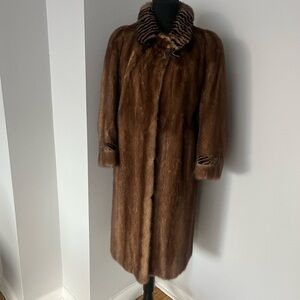 Classic Brown Fur Long Coat with Contrast Collar